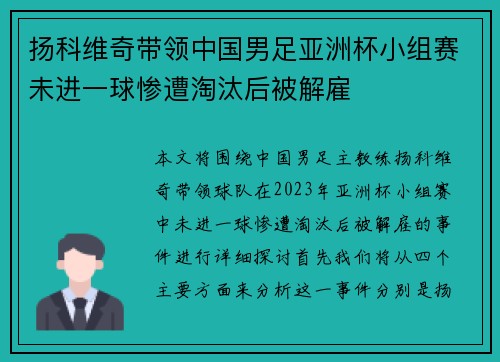 扬科维奇带领中国男足亚洲杯小组赛未进一球惨遭淘汰后被解雇 扬科维奇带领中国男足亚洲杯小组赛未进一球惨遭淘汰后被解雇