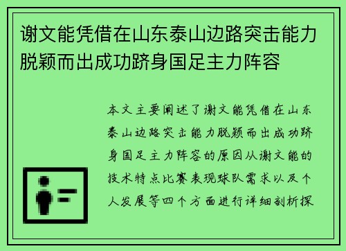 谢文能凭借在山东泰山边路突击能力脱颖而出成功跻身国足主力阵容 谢文能凭借在山东泰山边路突击能力脱颖而出成功跻身国足主力阵容